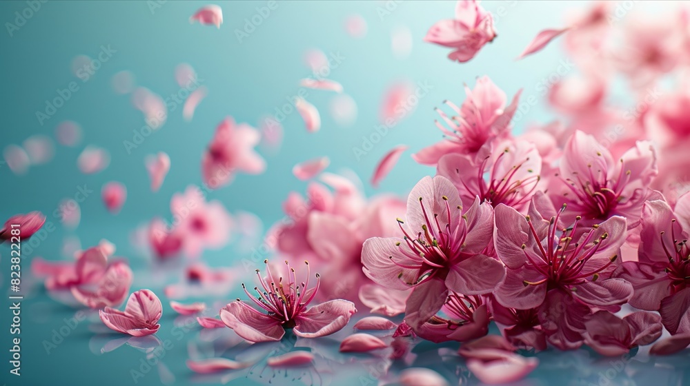 Floating cherry blossom petals on soft blue background creating a serene and delicate scene Floating cherry blossom petals on soft blue background creating a serene and delicate scene