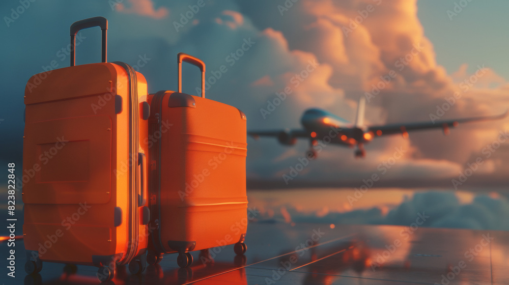 Two modern orange suitcases in the foreground with a blue sky and an airplane in the background. Two modern orange suitcases in the foreground with a blue sky and an airplane in the background.