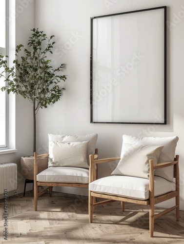Two armchairs in room with white wall and big frame poster on it. Scandinavian style interior design of modern living room. Created with generative AI photo