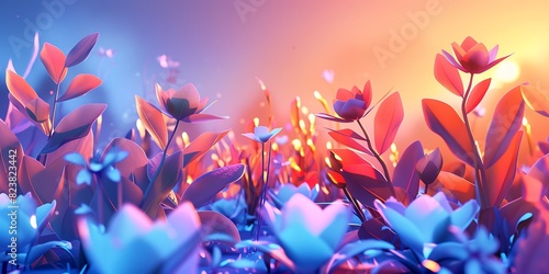 Abstract Blossoms A Modernist Landscape at Dawn  Radiant Geometry 3D Flower Garden in Dawn Light