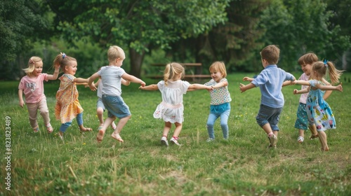A group of children are playing in a park, holding hands and forming a circle © liliyabatyrova