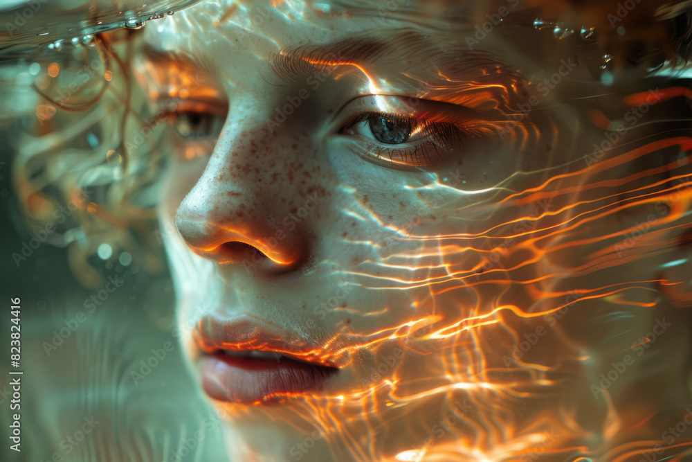 An abstract depiction of a lens creating a distorted, wavy reflection of a person’s face, emphasizing the fluidity of perception, An abstract depiction of a lens creating a distorted, wavy reflection of a person’s face, emphasizing the fluidity of perception,