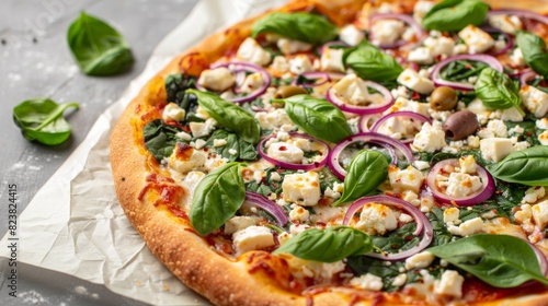 feta pizza with fresh spinach leaves, crumbled feta cheese, red onions, and olives, on a white parchment paper.