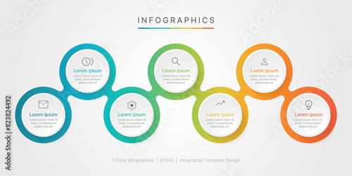 Business minimal infographic template. 7 step timeline with options and marketing icons. Vector linear infographic with seven circle connected elements. Design can be use for presentation