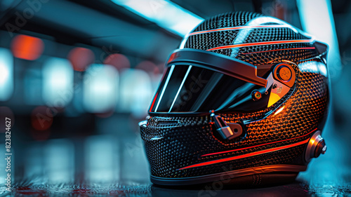 High contrast lighting reveals intricate patterns on a racing helmet photo