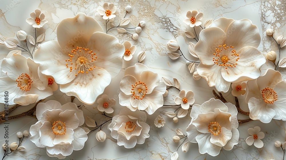 Floral Wall Sculpture with Marble Texture in Cream.
