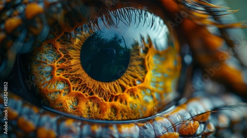 In detail  a vibrant reptilian eye is shown in an extreme close-up.