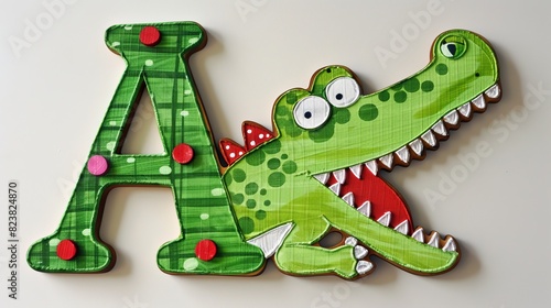 A green crocodile with a mouth open and the letters A and E on its back