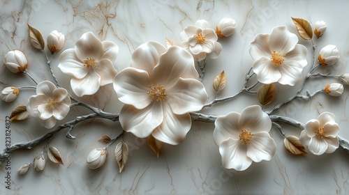Floral wall sculpture in cream with marble texture. © Diana