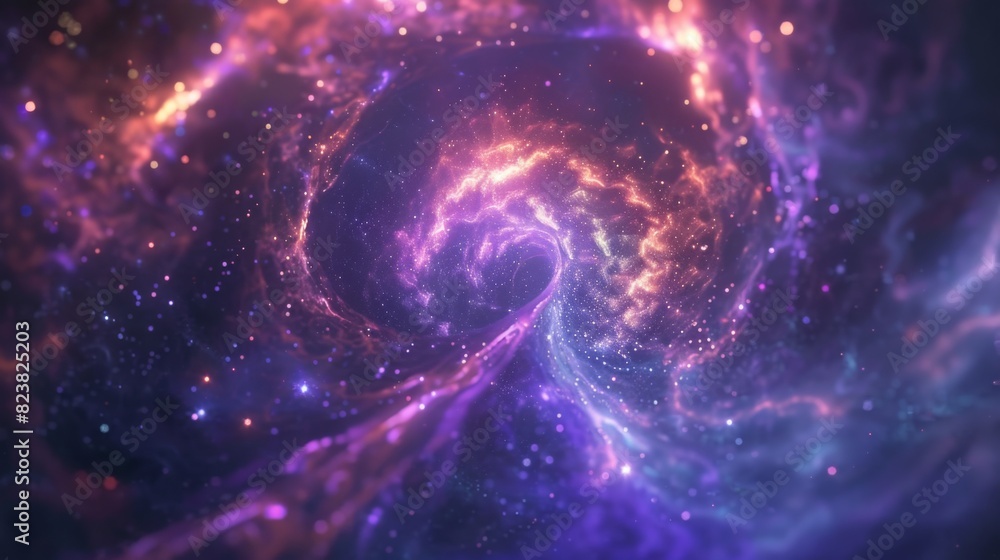  An abstract background featuring a cosmic swirl of vibrant particles, creating a galaxy-like pattern with glowing stars and nebulae.