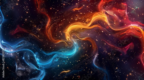  An abstract background featuring a cosmic swirl of vibrant particles, creating a galaxy-like pattern with glowing stars and nebulae