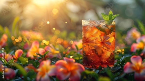 Sunny afternoon with refreshing iced tea surrounded by tropical flowers.