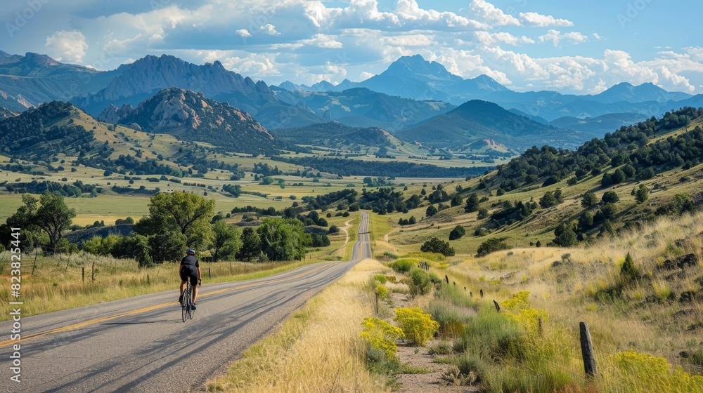A man is riding a bicycle down a road in the mountains A man is riding a bicycle down a road in the mountains