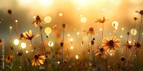 Summer sunbeams light up a vibrant wildflower meadow with bokeh lights. Concept Summer Photography, Wildflower Meadow, Sunbeams, Bokeh Lights, Vibrant Colors photo