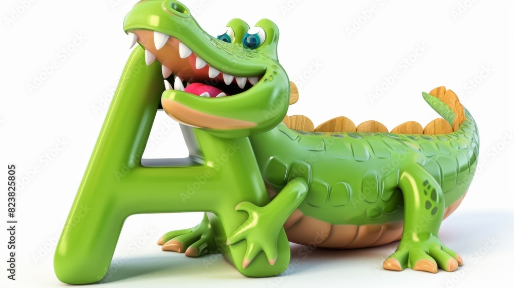 Fototapeta premium A green crocodile is holding the letter A in its mouth