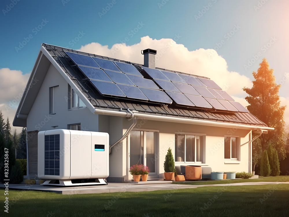 Heat pump next to the house and solar panels on the roof. The concept of an energy-efficient home. 3D illustration design Heat pump next to the house and solar panels on the roof. The concept of an energy-efficient home. 3D illustration design