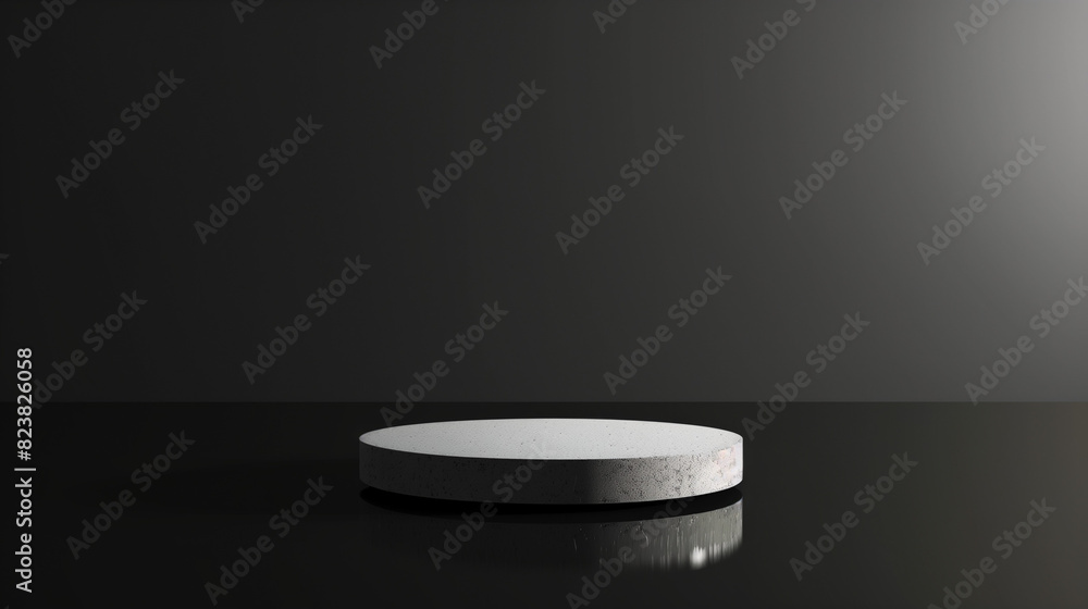 3D render of a podium with a reflective surface in a studio setting against a solid black background. The scene includes subtle reflections and soft, diffused lighting.


