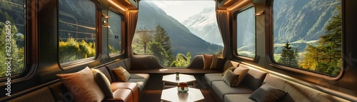 Luxury train journey through the Swiss Alps, sleek and modern train, panoramic windows, breathtaking mountain views, detailed interior, high-detail, elegant and scenic travel experience