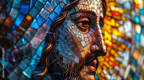 glass window with a mosaic of Jesus photo