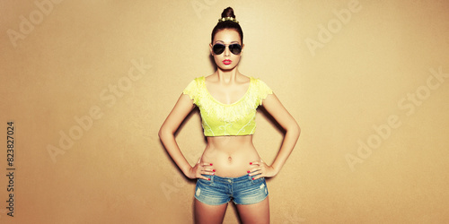 Wallpaper Mural Summer is coming concept. Portrait of a fashionable model in sunglasses wearing trendy clothing for hot weather over wooden background. Banner style. Copy-space. Studio shot Torontodigital.ca