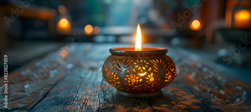 Close-up of an intricately designed oil lamp photo