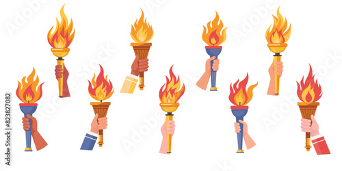 Torch in hand set. Flaming torchs.Sport fire sign. Competitions, athletic, champion, sports game or freedom torches with flames icon.