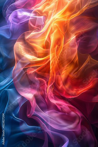 Artistic rendering of a lens emitting beams of light that form abstract, flowing ribbons of color,