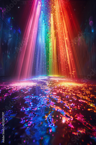 Artistic depiction of a lens emitting beams of light that form a cascading waterfall of colors,