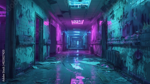 Eerie hospital ward with mint green walls  floating pink syringes  twisted blue shadows  and ghostly patients in violet lighting.