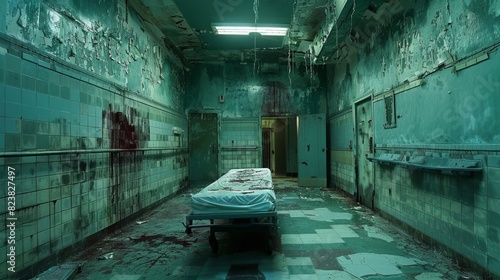 Abandoned hospital room with flaking seafoam green walls, blood-stained bandages, light blue gurney. Whispers and echoing footsteps heighten eerie silence.