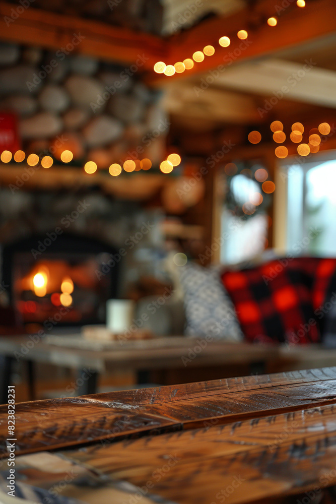 A wooden coffee table in the foreground with a blurred background of a rustic cabin living room. The background features a stone fireplace, cozy couches with plaid blankets and wooden beams