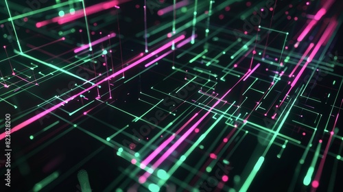 Reflective black surfaces with vivid green and pink lines symbolize a fast-moving data network.