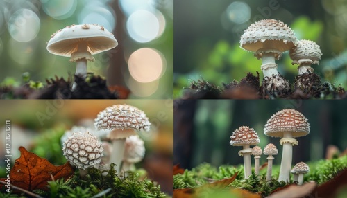 Four photos of various mushrooms in the forest. photo