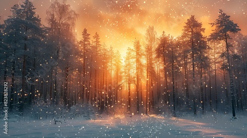 Sparkling snowflakes in a magical winter forest at twilight