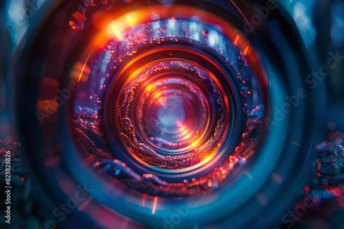 Abstract image of a lens surrounded by spirals of light, each spiral twisting and turning in dynamic motion, photo