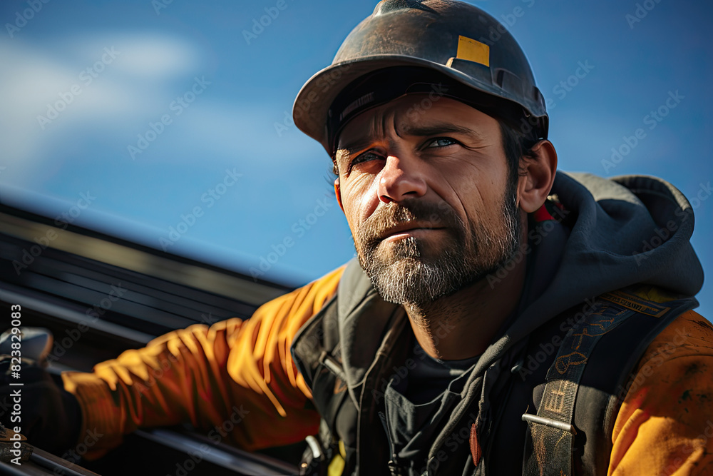 Portrait of an American Roof construction worker working on a roof, adorned in safety gear and sky in the background. Portrait of an American Roof construction worker working on a roof, adorned in safety gear and sky in the background.