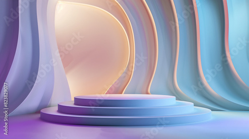 3D render of a podium in a studio setting with wavy shapes and gradient colors in the background. The scene is designed with smooth transitions and soft lighting to create an elegant atmosphere.
