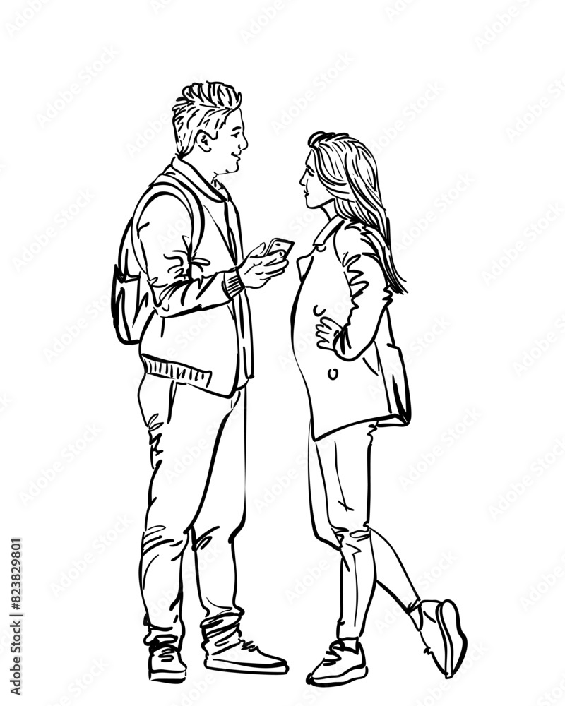 Fototapeta premium Man and woman relationship, Vector sketch, Young couple standing facing each other, he with phone in his hand looking at her and smiling, she flirty akimbo looking at him reproachfully