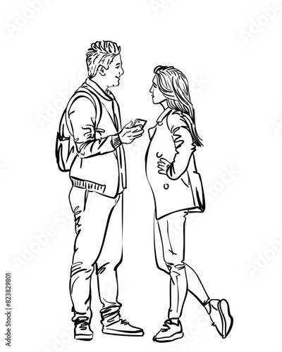 Man and woman relationship, Vector sketch, Young couple standing facing each other, he with phone in his hand looking at her and smiling, she flirty akimbo looking at him reproachfully