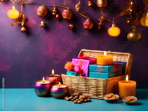 Packaging Diwali gift hampers with festive items background design with space for text design. photo