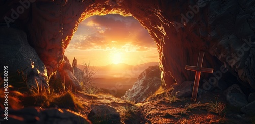 Jesus is lying in a cave with a cross appearing in the background photo