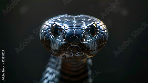 Black mamba, snake facing the camera, dark background.
