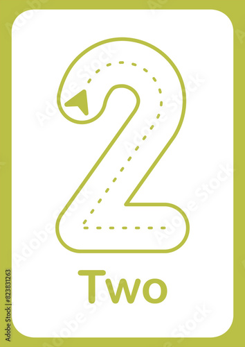 Printable flashcard trace number 2 and text for children. For preschool years and kindergarten kids learning numbers