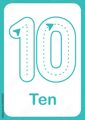 Printable flashcard trace number 10 and text for children. For preschool years and kindergarten kids learning numbers