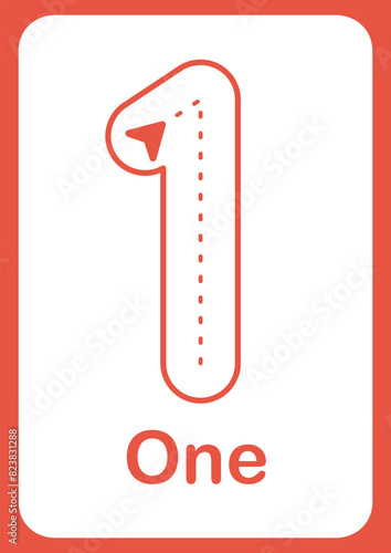 Printable flashcard trace number 1 and text for children. For preschool years and kindergarten kids learning numbers