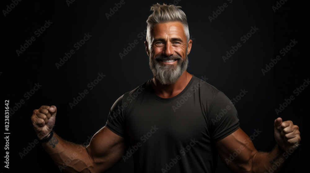 Confident muscular man flexing his muscles in a studio with dramatic lighting