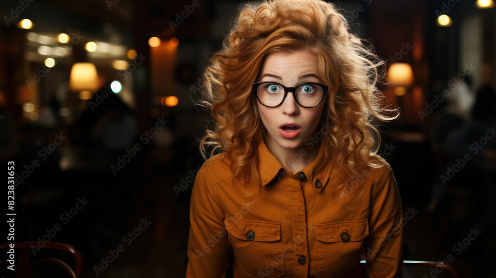 A young woman expressing shock and surprise in a dimly lit cafe setting A young woman expressing shock and surprise in a dimly lit cafe setting