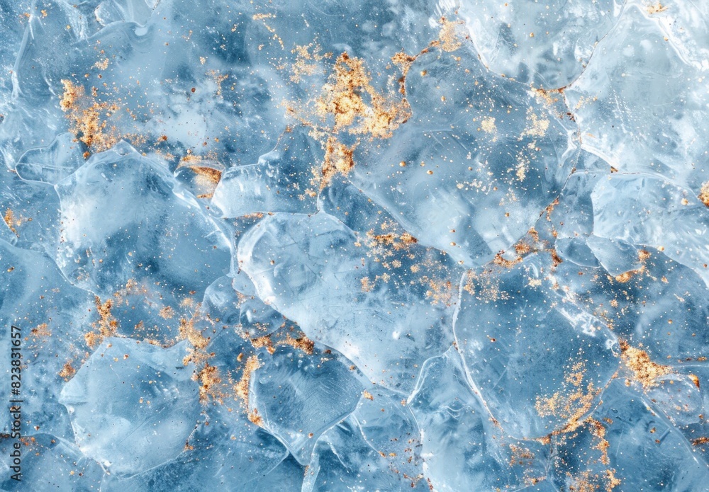 A topdown view of an ice surface with glittering gold patterns, capturing the serene beauty and intricate details in light blue tones A topdown view of an ice surface with glittering gold patterns, capturing the serene beauty and intricate details in light blue tones