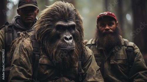 A staged photo with two men and a person in a realistic gorilla costume in the forest