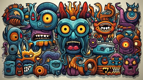 A vibrant urban graffiti wall featuring a collection of cartoon-like monster faces in various expressions